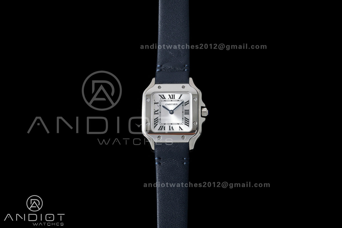 Santos De Cartier DRF 27mm SS/LE Silver Dial Leather Strap Quartz